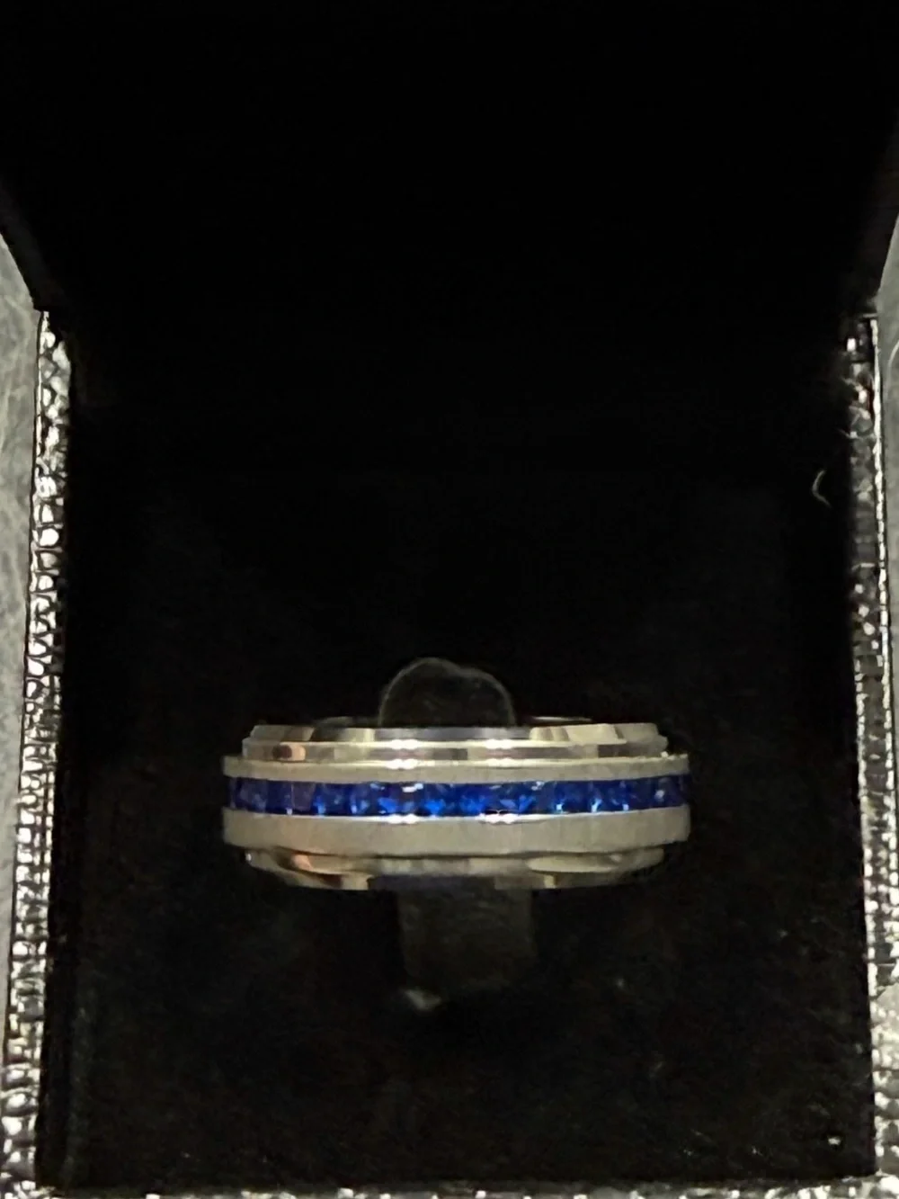 NWT-Men's 2.4Ct Eternity Princess Titanium Wedding Band Simulated Sapphire Blue